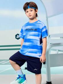 ASK JUNIOR 青少年男孩运动服，轻质速干撞色 T 恤和宽松短裤两件套，适合大孩子夏季