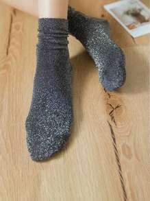 半双女式闪光厚中筒袜，适合秋季日常穿着 - 黑色 - 查看 3