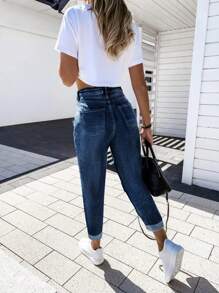 Jeans estilo mom fit con puño en el tobillo - Azul - Ver 2