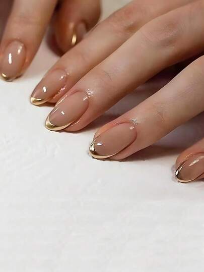 24 件套亮粉色和金色法式按压指甲 - 中号椭圆形，可重复使用假指甲，适合女士和女孩 美甲用品 美甲