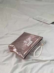 Portable, Fashionable, Shiny Large Capacity Makeup Bag With Pearl Pendant, Travel Cosmetic Organizer Pouch, Toiletry Bag, Suitable For Storing Toiletries, Cosmetics, Makeup Brushes, Accessories, Travel, Home Organization, Travel Essential, Dorm Supplies, Bridal Gift, Mother's Day Gift, Best Friend Gift, Birthday Gift, Souvenir, Home Storage Essential, Can Be Used In Bathroom, Living Room Or Bedroom - Multicolor - View 8