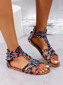 Girl's Student Back Zipper Flat Sandals, New Summer Korean Fairy Style Versatile Soft Bottom Roman Sandals