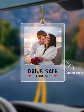 1 pieza Colgante de coche con foto personalizada, Señal acrílica "Conduzco, te amo", Regalo personalizado para aniversario y boda, Decoración para sala de estar y oficina, Regalo del Día de San Valentín