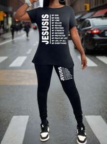 Jesus Is My Everything My God Lord Savior T-Shirt Trousers Two Pieces Set - Black - View 3