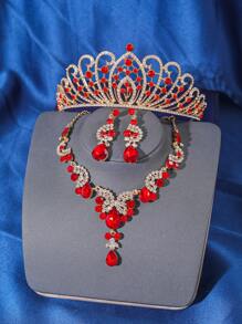 4 件优雅奢华水钻女王水晶皇冠项链耳环发饰套装，新娘婚礼头饰，女士公主舞会派对头饰