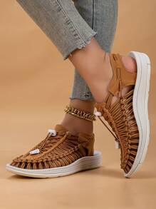 Black Handmade Woven Summer Sandals For Women, Comfortable Casual Walking Shoes, Closed Toe Breathable Slides, Plus Size Ladies Beach Shoes