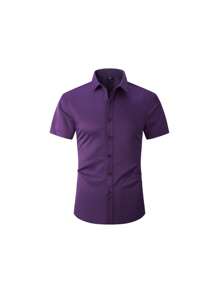 1 pièce Chemise à col polo pour hommes, manches courtes, couleur unie violet "Best Seller", décontractée chic pour le bureau, coupe slim, résistante aux fripons