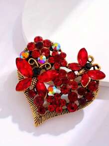 1pc Vintage Rhinestone Butterfly Brooch, Metal Heart Shaped Pin, Minimalist Asymmetrical Design, Fashion Apparel & Bag Accessory, Suitable For Valentine's Day, Party, Gift, Flower Decoration,Mom,Mother,Mother's Day,Gift - Red - View 11