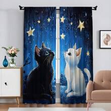 2pcs Set, Dreamy Navy Blue, Cute Black & White Cat Pattern With Star Accents, 3D Digital Printing, Suitable For Living Room, Bedroom, Balcony, Study And Other Home Insulation Curtains