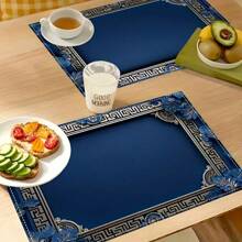 1/4/6 piezas Manteles individuales de lino con diseño floral azul, de 12x18 pulgadas con diseño de borde geométrico - Perfectos para decoración del comedor, cocina, fiestas y celebraciones