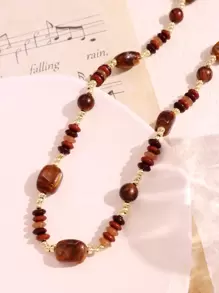 1 件棕色虎眼天然石吊坠项链，复古优雅手工串珠项链，女士秋季珠宝