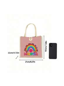 Maestra Rainbow Printed Tote Bag, Linen Tote Bag, Travel Bag Essential, Large Capacity Handbag, Letter Printed Shopping Bag, Women's Gift, Teacher's Day Gift, Suitable For School, University, Work, Business, Commuting, Outdoor, Travel, Holidays, Teachers' Day, Gifts For Teachers