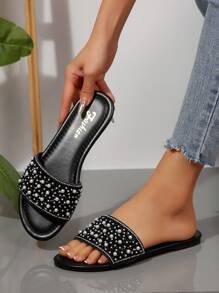 New Ramadan Fashion Slip-On Slippers For Women,Large Size, Summer Style Flat Sandals, Solid Color Closed Toe Flat Sandals, Plus Size Women Slippers, Flat Pearl Decor Outdoor Slippers, Odor Prevention Women Shoes, White Round Toe Slippers, Flat Sandals, Women Summer Beach Slippers, Black Shoes