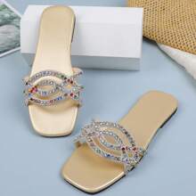 1 Pair Teens' Gold Color Crystal & Rhinestone Decorated Strap Slides, Soft Non-Slip Sole