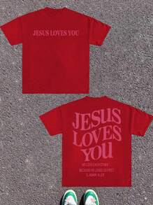 (220g Pure Cotton T-Shirt) Men's Summer Round Neck Short Sleeved Casual Pure Cotton Print JESUS LOVES YOU - 紅色 - 查看 1