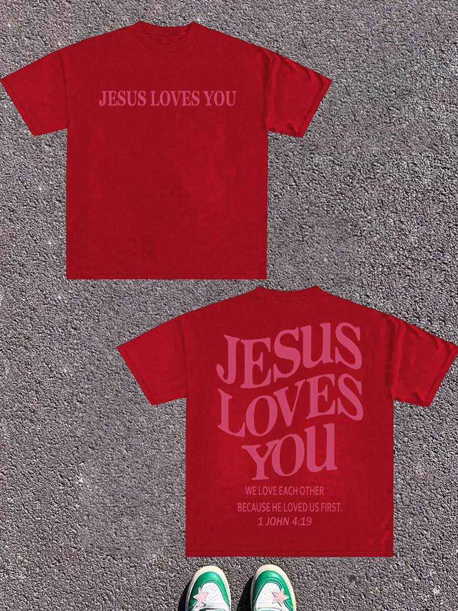 (220g Pure Cotton T-Shirt) Men's Summer Round Neck Short Sleeved Casual Pure Cotton Print JESUS LOVES YOU - 紅色 - 查看 1
