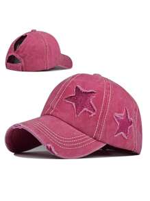 1pc Women Embroidered Five-Pointed Star Washed Ponytail Ripped Baseball Cap, Adjustable Outdoor Sun Hat Suitable For Spring, Autumn, Travel, Beach, Vacation, Also Fits Men, Y2K Style