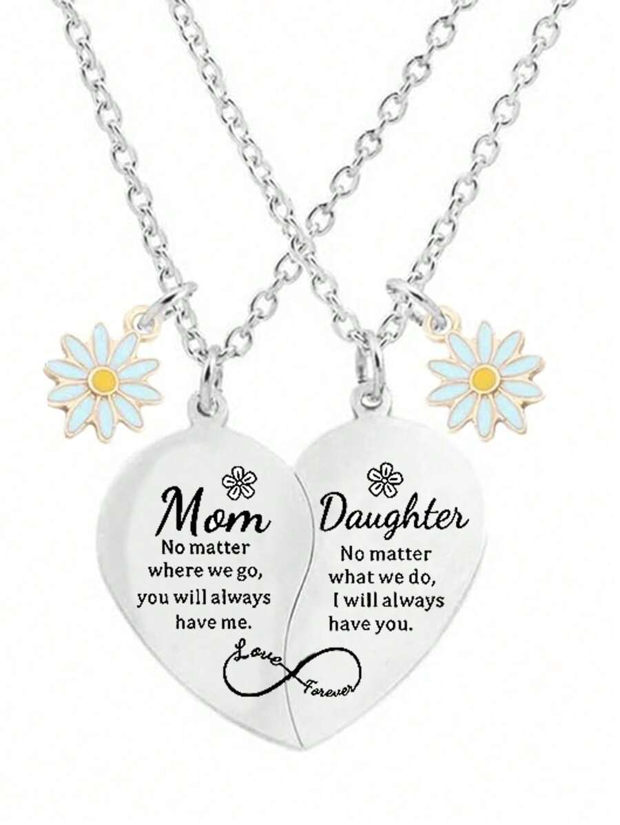 2Pcs Mother Daughter Heart Matching Pendant Necklace Set Gifts For Mom Mother's Day Birthday Christmas Presents From Daughter Mother's Day Gifts For Mom