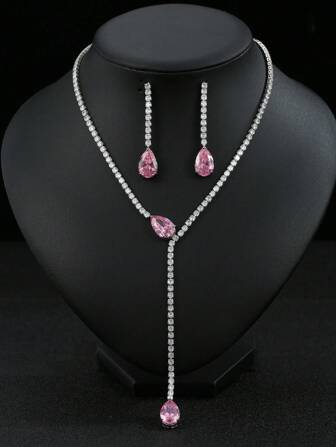 1 Set 3pcs European & Minimalist Pink Zirconia Necklace & Earrings Jewelry Set, Bridal Wedding Party Accessories For Women