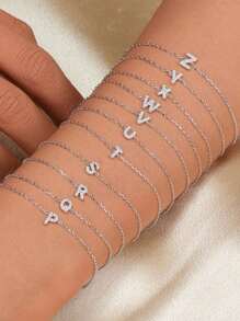 1pc 925 Sterling Silver Minimalist Personalized Cubic Zirconia 26 Letter Bracelet, Suitable For Women's Daily Wear And Date Matching - Silver - View 4