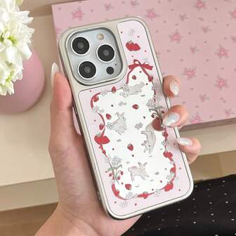 银边滴胶银框草莓蝴蝶结兔子插画手机壳 适用于 iPhone 16 Pro Max / 15 Pro Max / 14 Pro / 13