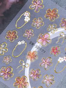 2片装 5D烫金边花朵美甲贴纸 粉色芙蓉花浮雕夏威夷花卉半透明金线果冻美甲贴花 春季美甲装饰 自粘DIY美甲沙龙用品 - 彩色 - 查看 6