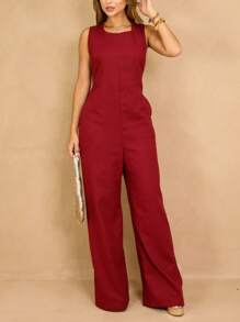 Elegant Linen Pantaloon Jumpsuit Wide Legs And Discreet Pockets - Burdeos - Ver 4