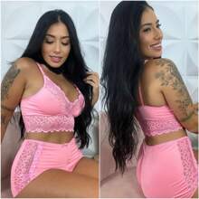Women's Babydoll With Lace Details In Nightwear Short Pajamas - Hồng - Xem 5