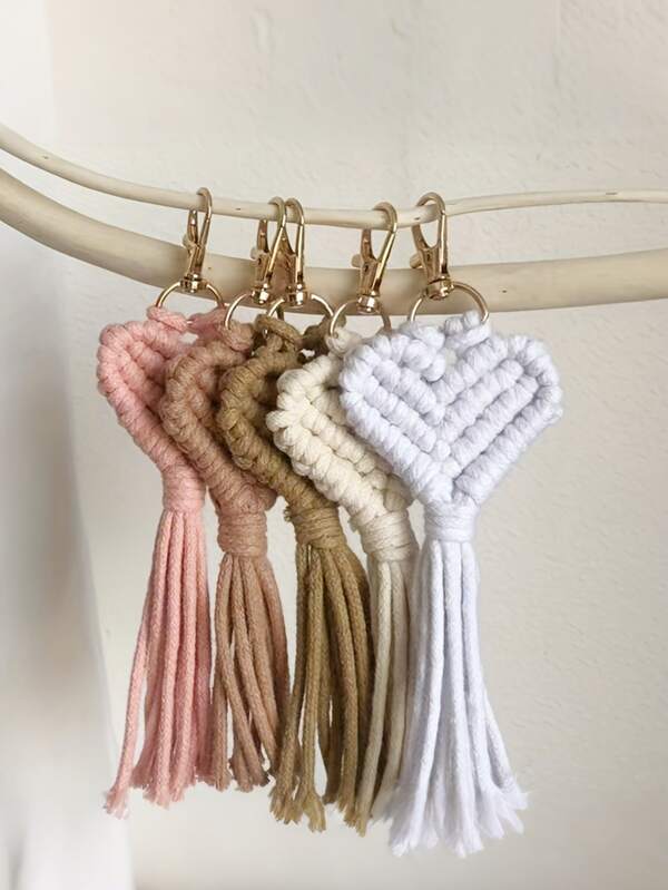 1 pièce Porte-clés en macramé en forme de cœur, chaîne de clés en style bohème, bague porte-clés, charme pour sac, sac à dos, pendentif pour voiture, cadeau pour femmes et filles, accessoire pour porte-clés, sac de téléphone portable, pendentif de bijoux, petit cadeau créatif, fournitures scolaires, cadeaux pour enseignants, accessoires pour la Saint-Valentin