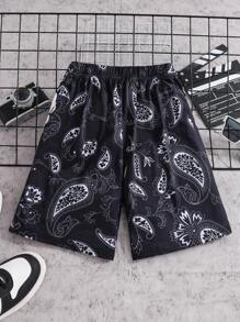 1pc Tween Boy Street Fashion Skateboard Skull Hand Letter Paisley Printed Shorts, Spring/Summer