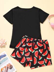2pcs/Set Pajamas Printed Black Short Sleeve Top And Shorts Sleepwear Set For Women,Two Pieces Set - Black - View 2