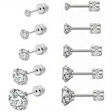 5 Pairs Spiral Stud Earrings, Stainless Steel, Double-Sided Cubic Zirconia Inlay, Unisex, Cartilage/Helix Earrings, Size 2-6mm - Zirconia Cylindrical Earrings - View 7