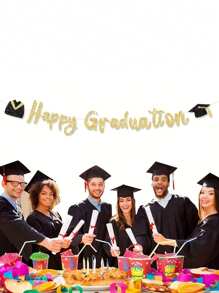 1pc Happy Graduation Banner, Graduation Party Decorations Including Garland, Diplomas Hats, Streamer - Gold - View 5