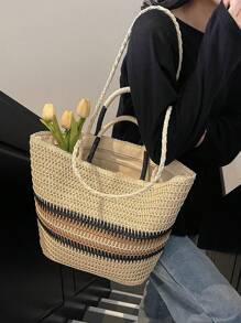 1 pieza Bolso de mano de mujer bicolor, bolso de hombro de gran capacidad tejido de paja para ir de compras, playa y uso diario