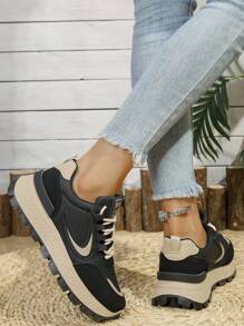 Women's Black Chunky Running Shoes, Comfortable Lace-Up Casual Sneakers For Students, Versatile Fashion Platform Non-Slip Sport Shoes For Outdoor/Running - Black - View 11