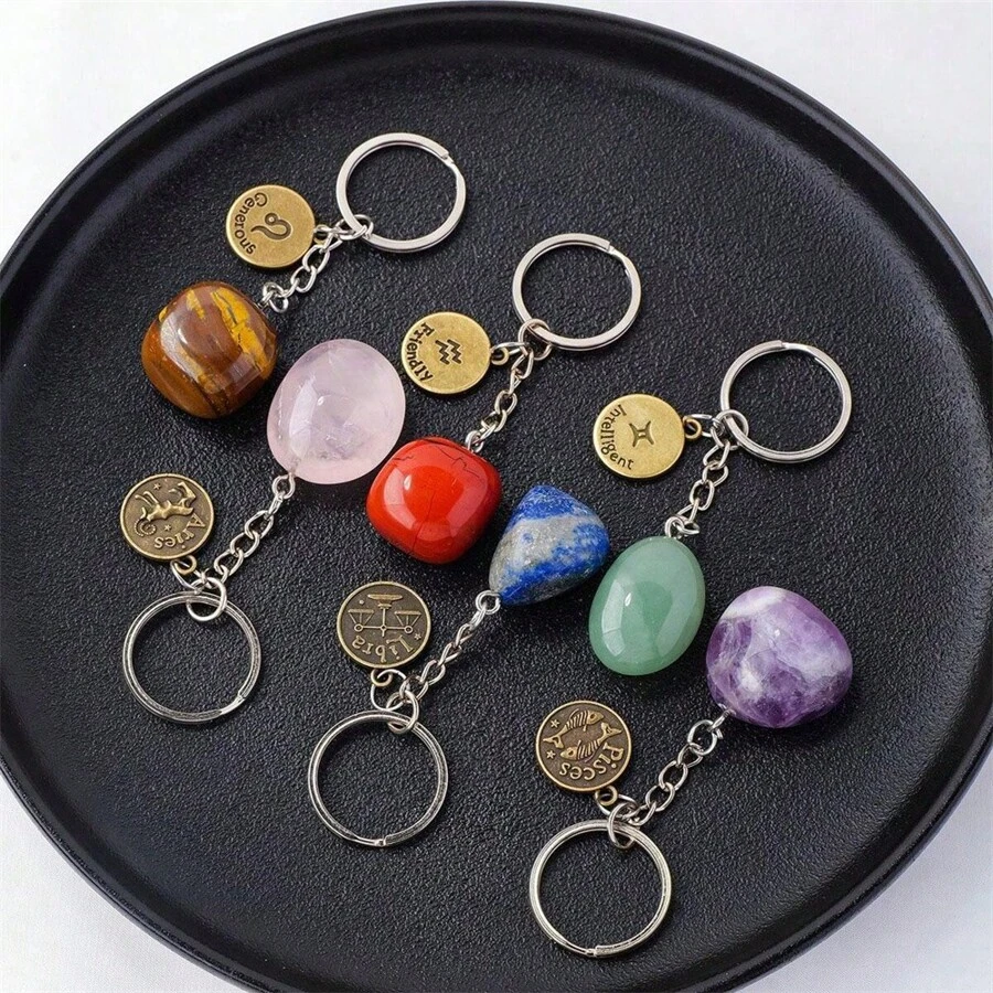 1 pezzo Portachiavi con pietra preziosa naturale dello zodiaco, quarzo cristallo o ametista, per decorare chiavi di auto o borse - multicolore - Visualizzare 1