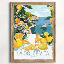 1 pièce, Peinture décorative encadrée, suspendue sur canevas, affiche, œuvre murale, Impression sur canevas de style italien "La Dolce Vita", affiche avec citron et paysage côtier, parfait pour le salon, la chambre, la décoration de bureau, cadeau idéal