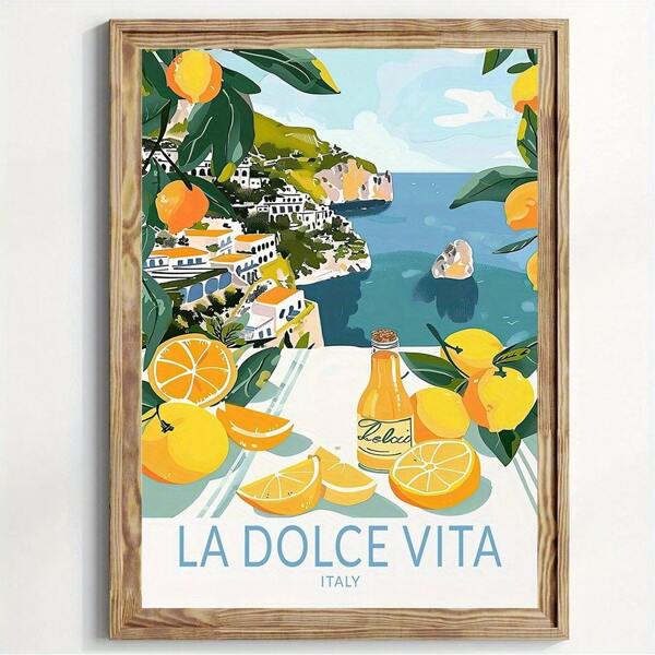 1 pièce, Peinture décorative encadrée, suspendue sur canevas, affiche, œuvre murale, Impression sur canevas de style italien "La Dolce Vita", affiche avec citron et paysage côtier, parfait pour le salon, la chambre, la décoration de bureau, cadeau idéal