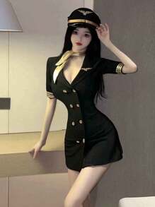 1 件性感女警官连衣裙角色扮演服装，适合派对、空姐、秘书、讲师角色 - 黑色 - 查看 3