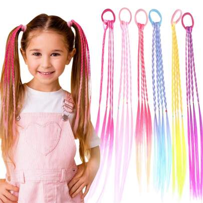 6 Pcs/24 Strands Kids Colorful Hair Extensions Braided Ponytail Hair Pieces Girls' Hair Accessories Crazy Hair Day Costume Accessories Colored Braids Hair Extensions With Rubber Bands Rainbow Braided Synthetic Hairpieces