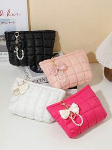 1 Uroczy wisiorek z kokardą z pereł + Modna torebka kopertówka w kratkę, swobodna torebka kopertówka, ciepła pluszowa torba puchowa, elastyczne szwy do przechowywania makijażu, pikowana torba, wygodna torba, zimowa torba do przechowywania makijażu, kosmetyczka, mini torba, mała kosmetyczka, akcesoria, stojak na kosmetyki, kosmetyczka, kosmetyczka, niezbędne rzeczy w podróży, akcesoria damskie, przybory podróżne, kosmetyczka, kosmetyczka, kosmetyczka