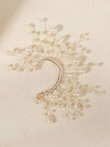 1 Pearl Earring Clip, Bridal Headpiece, Vintage Women's Hair Accessory, Antique Style, High-End Wedding Ear Hook Valentine's Day Accessories - Silver - View 3