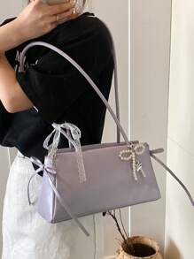 1pc Women Solid Color PU Shoulder Tote Bag, Large Capacity Y2K Bow Handbag - Multicolor - View 3