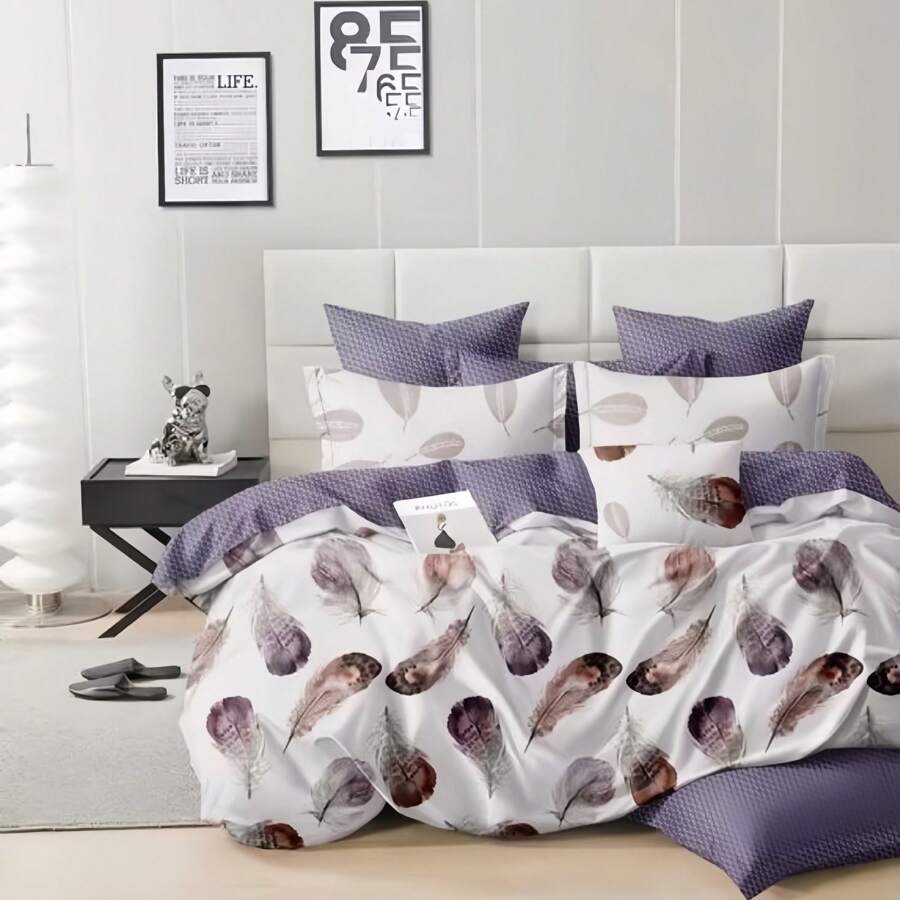 1 conjunto de 160*200CM-200cm*220cm estampa de penas roxas macias, resistentes ao desbotamento, conjunto de cama de tecido escovado lavado - 3 peças incluem fronha espessada e capa de edredom, confortável para dormitórios estudantis ou uso doméstico, presente de ano novo, várias cores disponíveis (roxo)