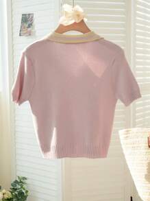 Summer Elegant French Chic Colorblock Polo Collar Knit Short Sleeve T-Shirt, Casual Collegiate Commuter Top For Women - Purple - View 10