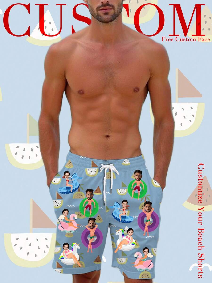 2025 New Arriavl Summer Vacation Custom Photo Beach Shorts, Custom Face Swimwear Pool Party Shorts,Swim Trunk With Face,Custom Board Short,Personalized Men Bathing Suit,Best Couple Gift - Baby Blue - View 1