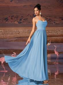 AOSHABABI Shallow Blue Solid Color Draped Chiffon Elegant Women Evening Dress Fall - Blue - View 8