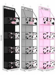 1pc Black/Pink/Grey 4-Shelf Over The Door Hanging Organizer With 2 Metal Hooks,Cow Pattern 4 Pocket Over The Door Wall Mount Storage With Clear Windows For Baby Nursery Bathroom Closet,Bedroom,Dorm,Diapers,Kids Dolls - Cow Pattern - View 1