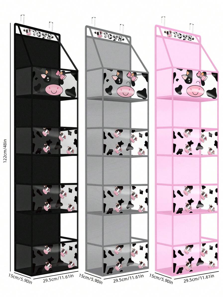1pc Black/Pink/Grey 4-Shelf Over The Door Hanging Organizer With 2 Metal Hooks,Cow Pattern 4 Pocket Over The Door Wall Mount Storage With Clear Windows For Baby Nursery Bathroom Closet,Bedroom,Dorm,Diapers,Kids Dolls - Cow Pattern - View 1