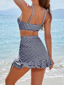 Women 2 Pieces Bikini Swimsuits Plaid Sleeveless Padded Bra High Waist Drawstring Sarongs Skirts Beach Bathing Suit Set - 黑色 - 查看 2